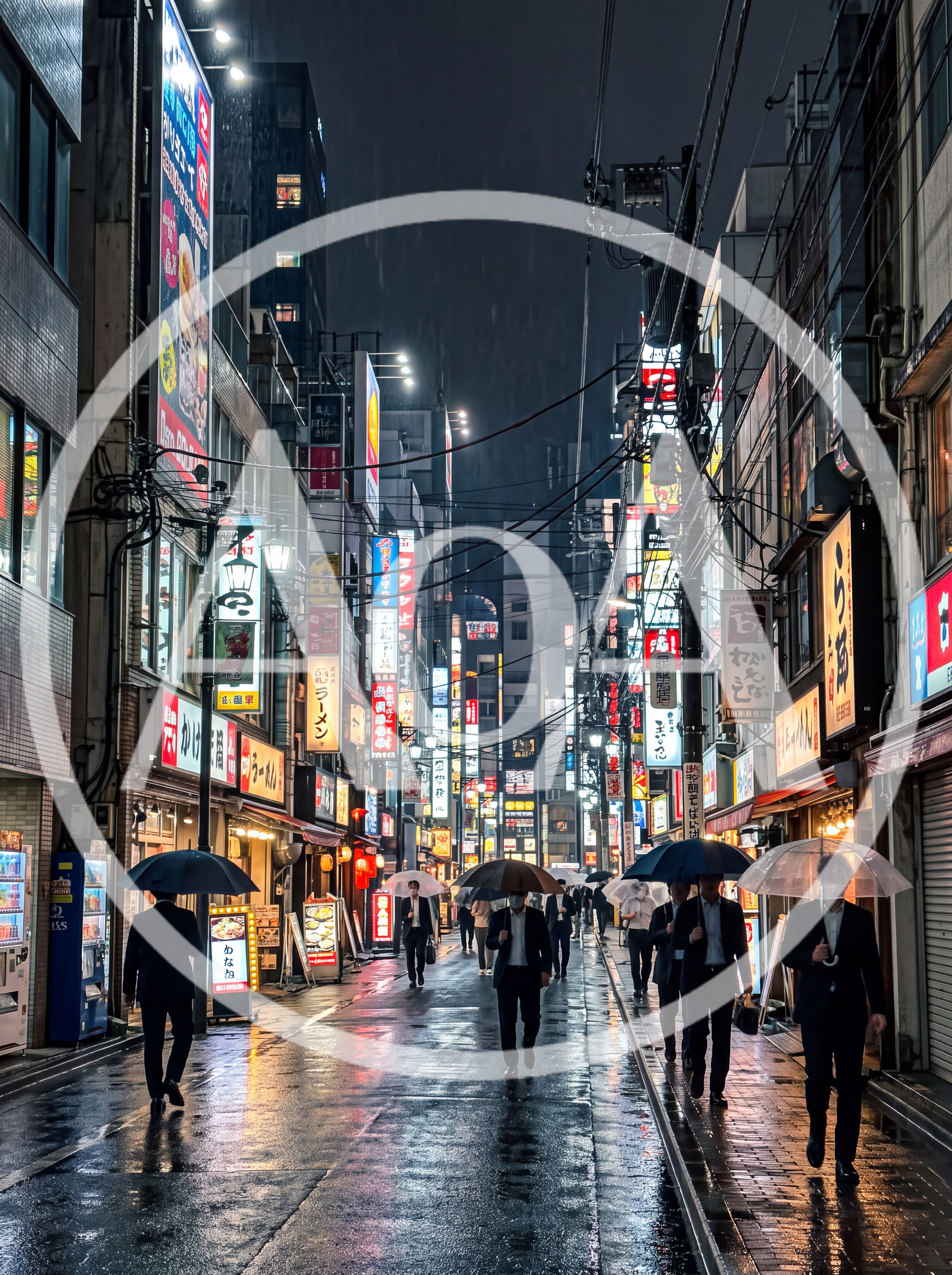 Businessmen Walking Through Rainy Tokyo Street At Night