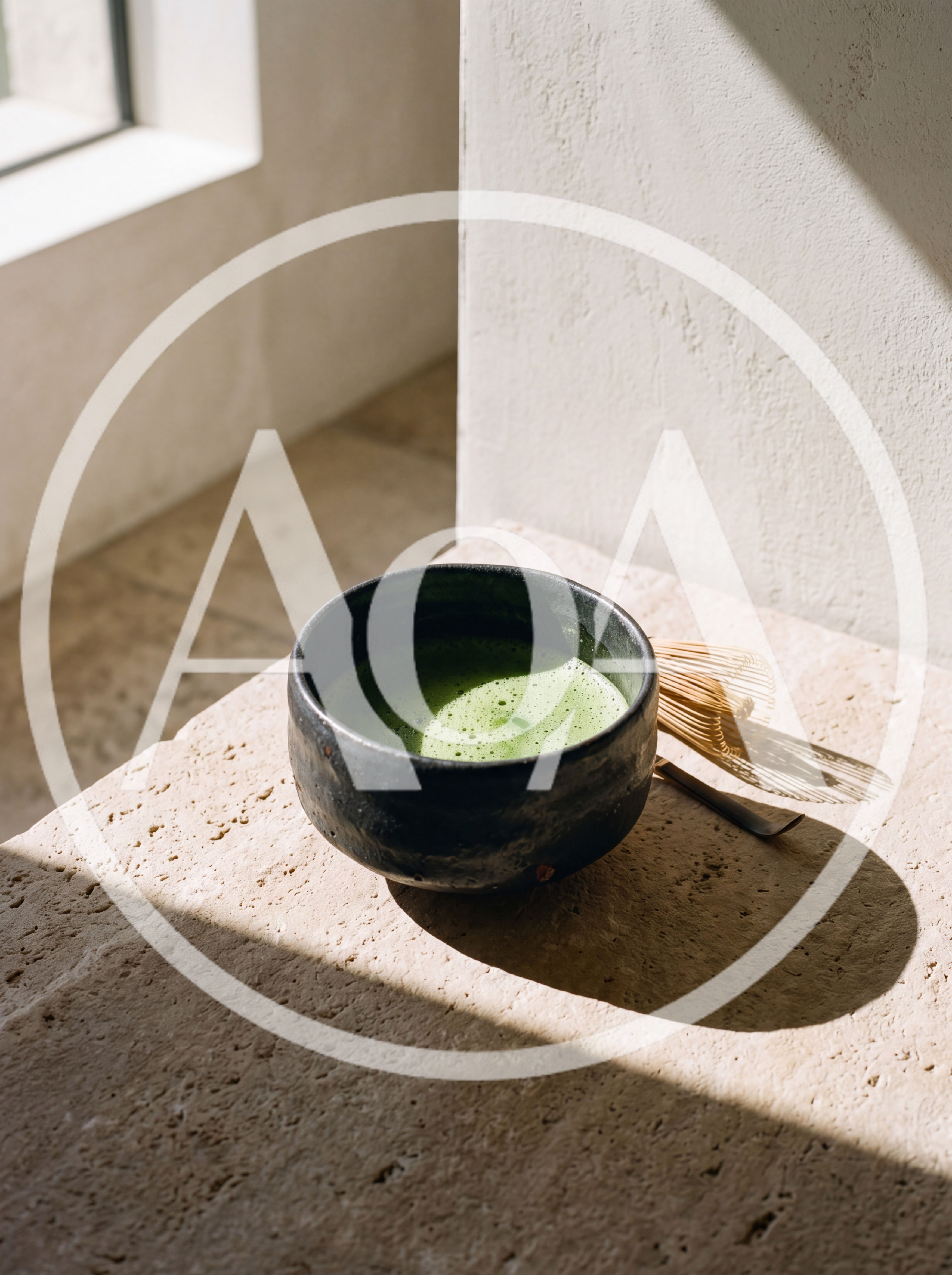 Matcha Tea in a Ceramic Bowl with Bamboo Whisk
