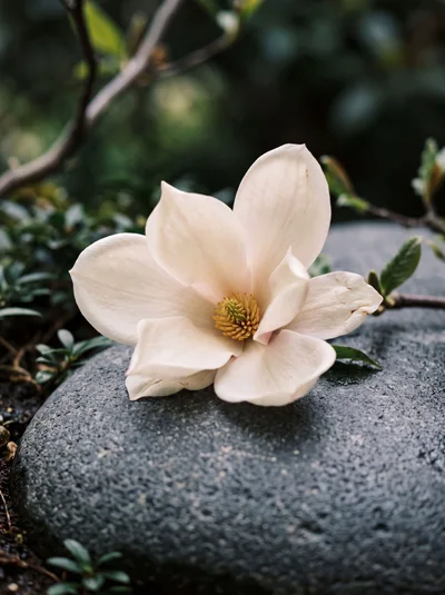 Single Magnolia Flower Resting On A Smooth Grey Stone