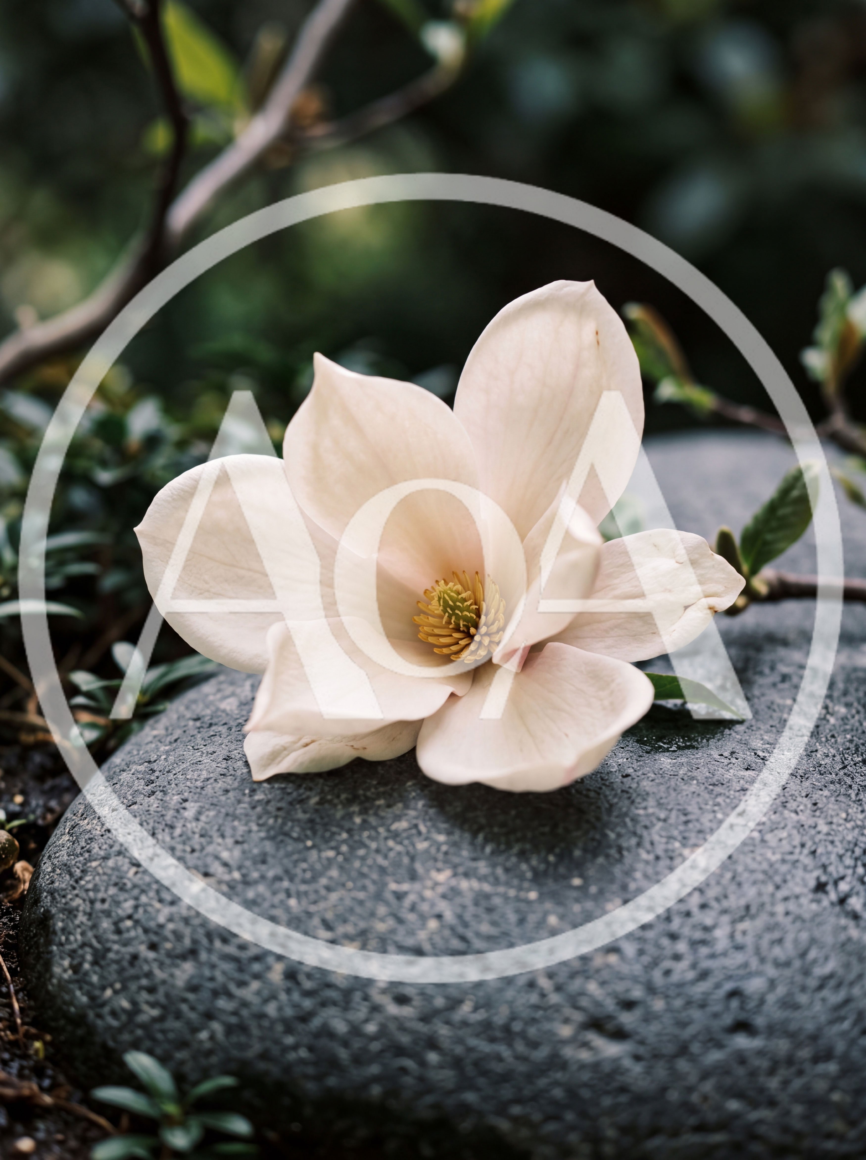 Single Magnolia Flower Resting On A Smooth Grey Stone