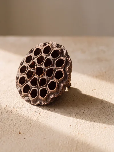 Dried Lotus Seed Pod on Textured Surface