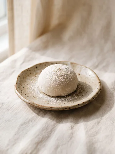 Single Mochi Dessert on a Speckled Ceramic Plate