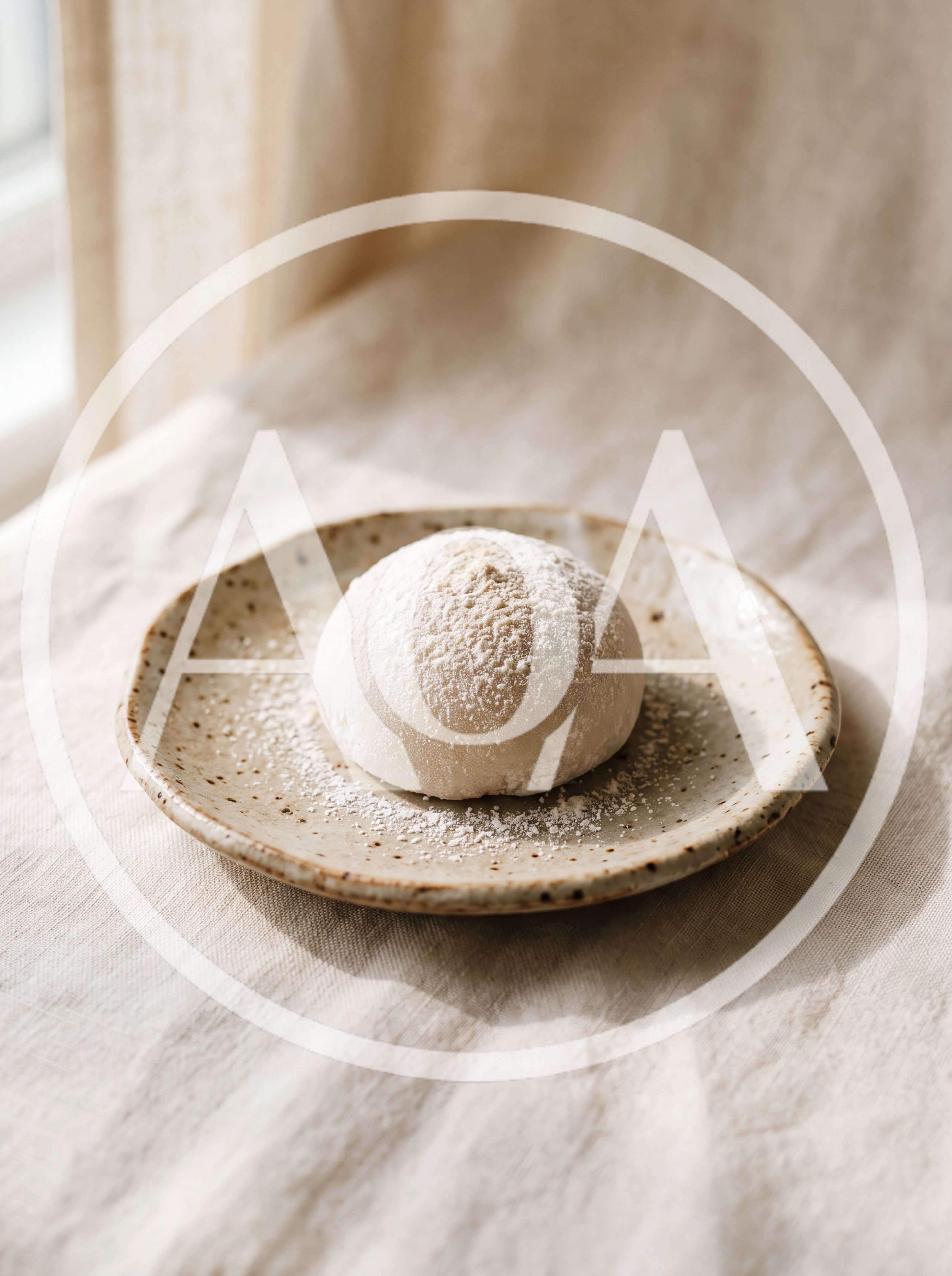 Single Mochi Dessert on a Speckled Ceramic Plate