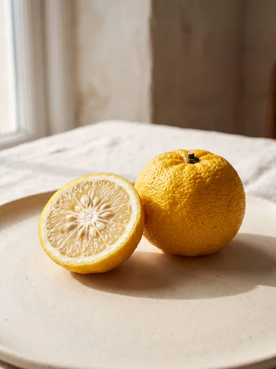 Fresh Yuzu Fruit Halved on a Ceramic Plate