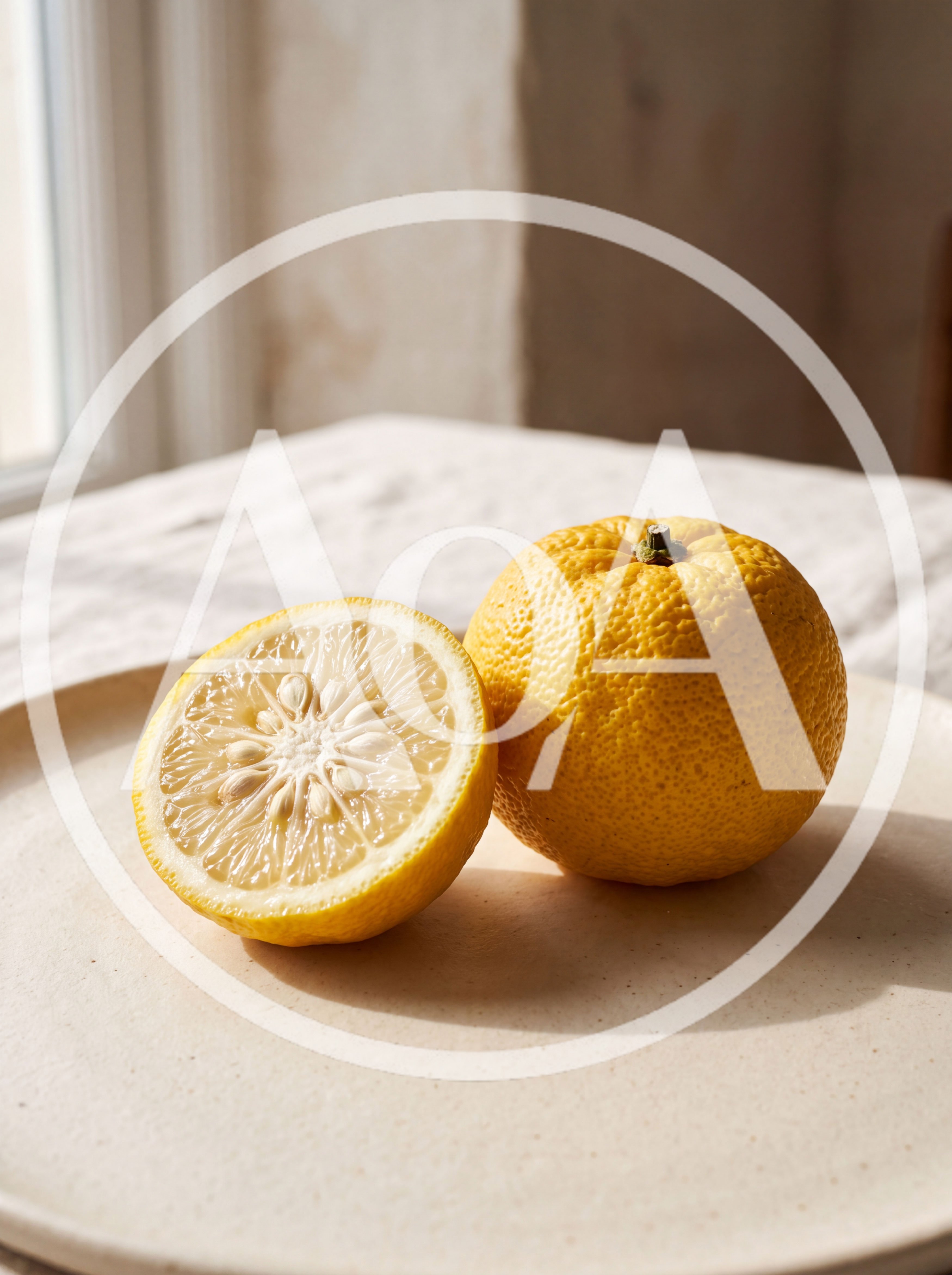 Fresh Yuzu Fruit Halved on a Ceramic Plate