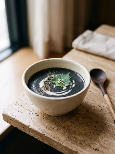 Black Sesame Soup in a Ceramic Bowl