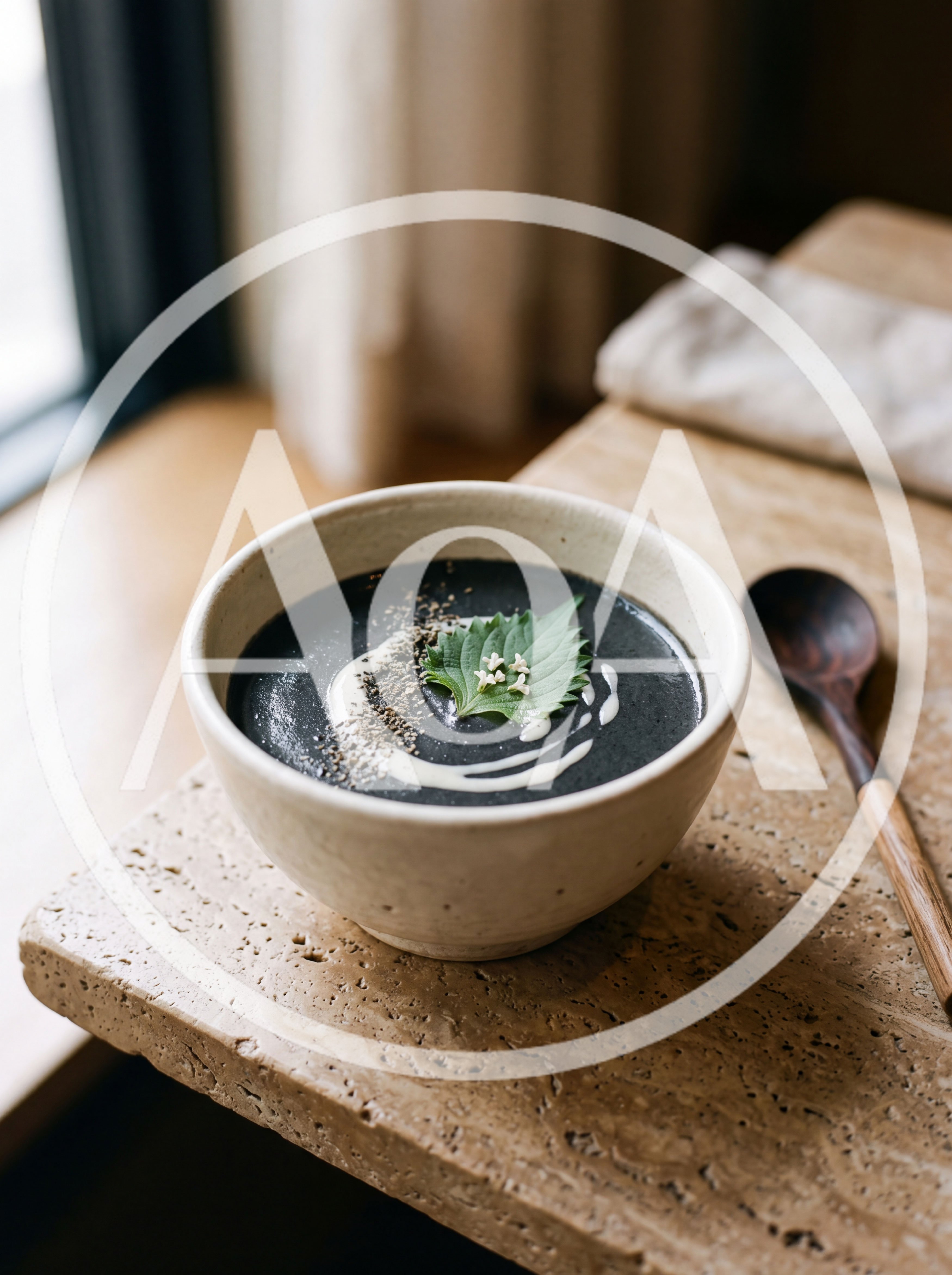 Black Sesame Soup in a Ceramic Bowl