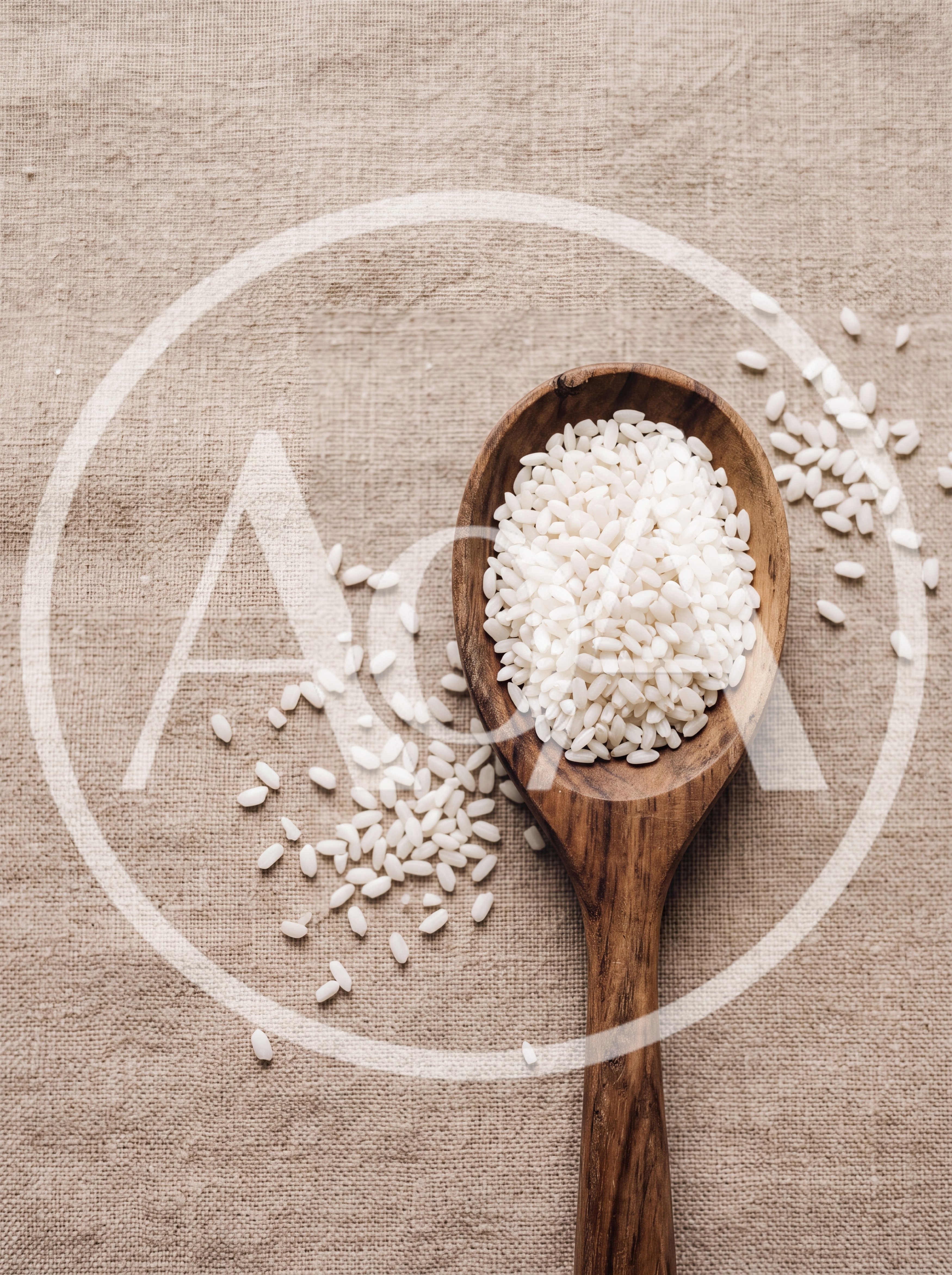 Wooden Spoon Filled With Raw White Rice
