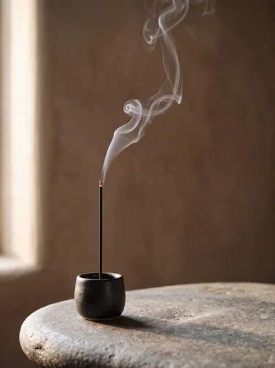 Incense Stick Burning in a Minimalist Ceramic Holder