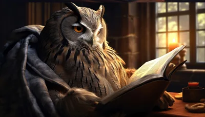 Wise Owl Reading A Book In A Library
