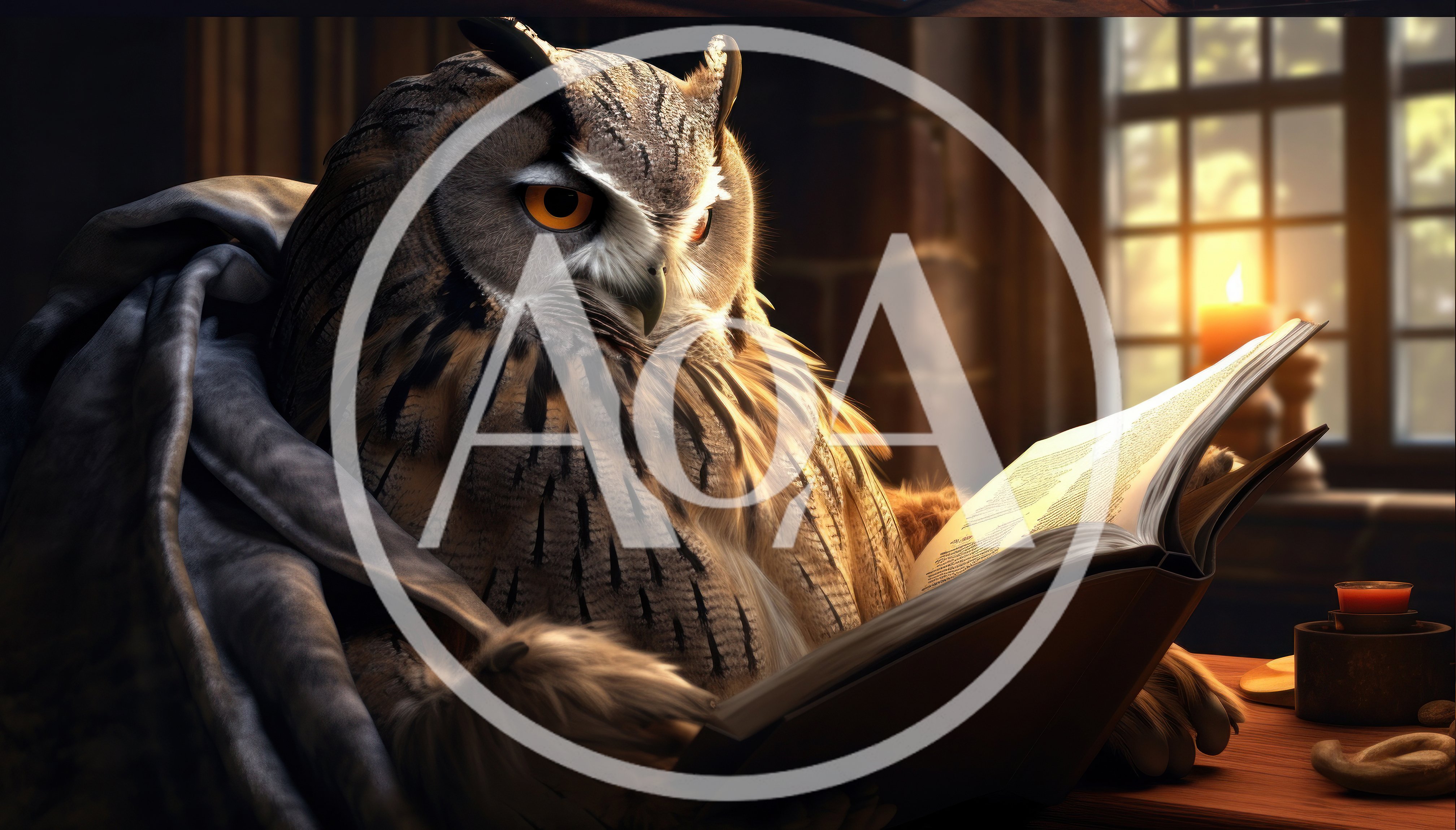 Wise Owl Reading A Book In A Library