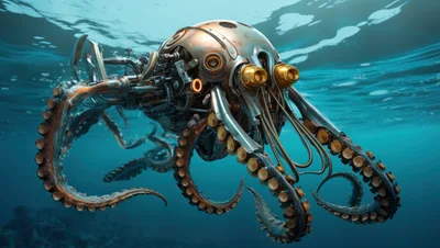Mechanical Steampunk Octopus Swimming Underwater