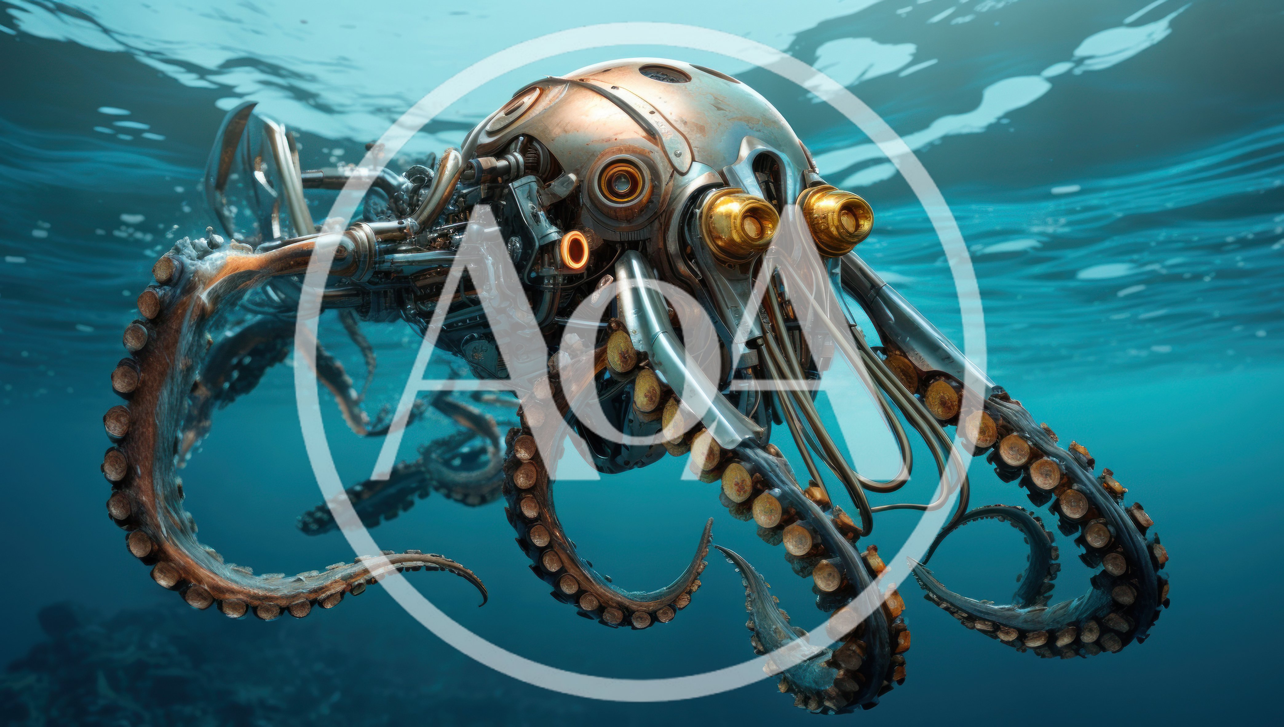 Mechanical Steampunk Octopus Swimming Underwater