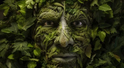 Surreal Human Face Formed From Lush Green Foliage