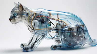 Transparent Robotic Cat With Visible Internal Circuitry