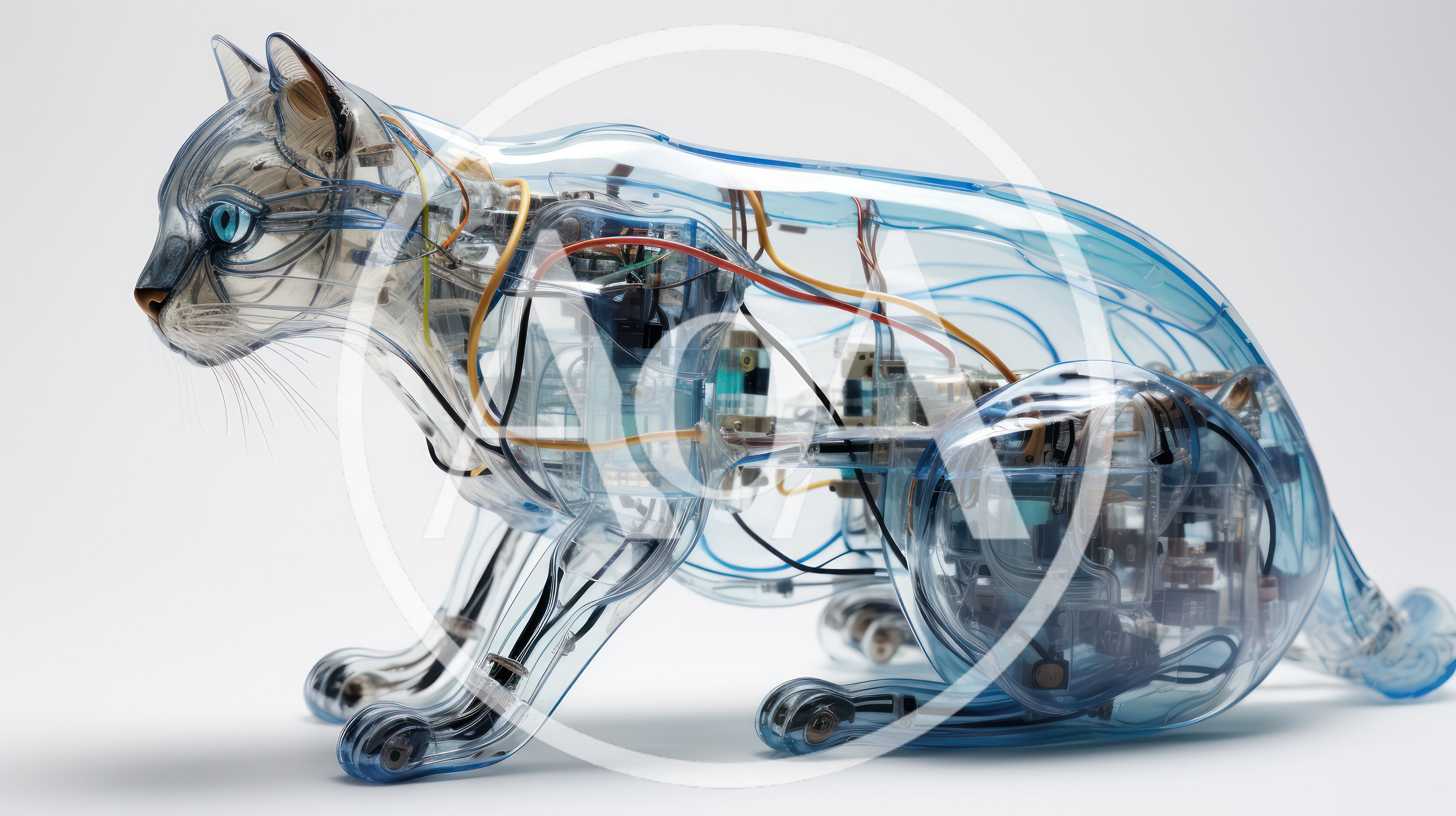 Transparent Robotic Cat With Visible Internal Circuitry