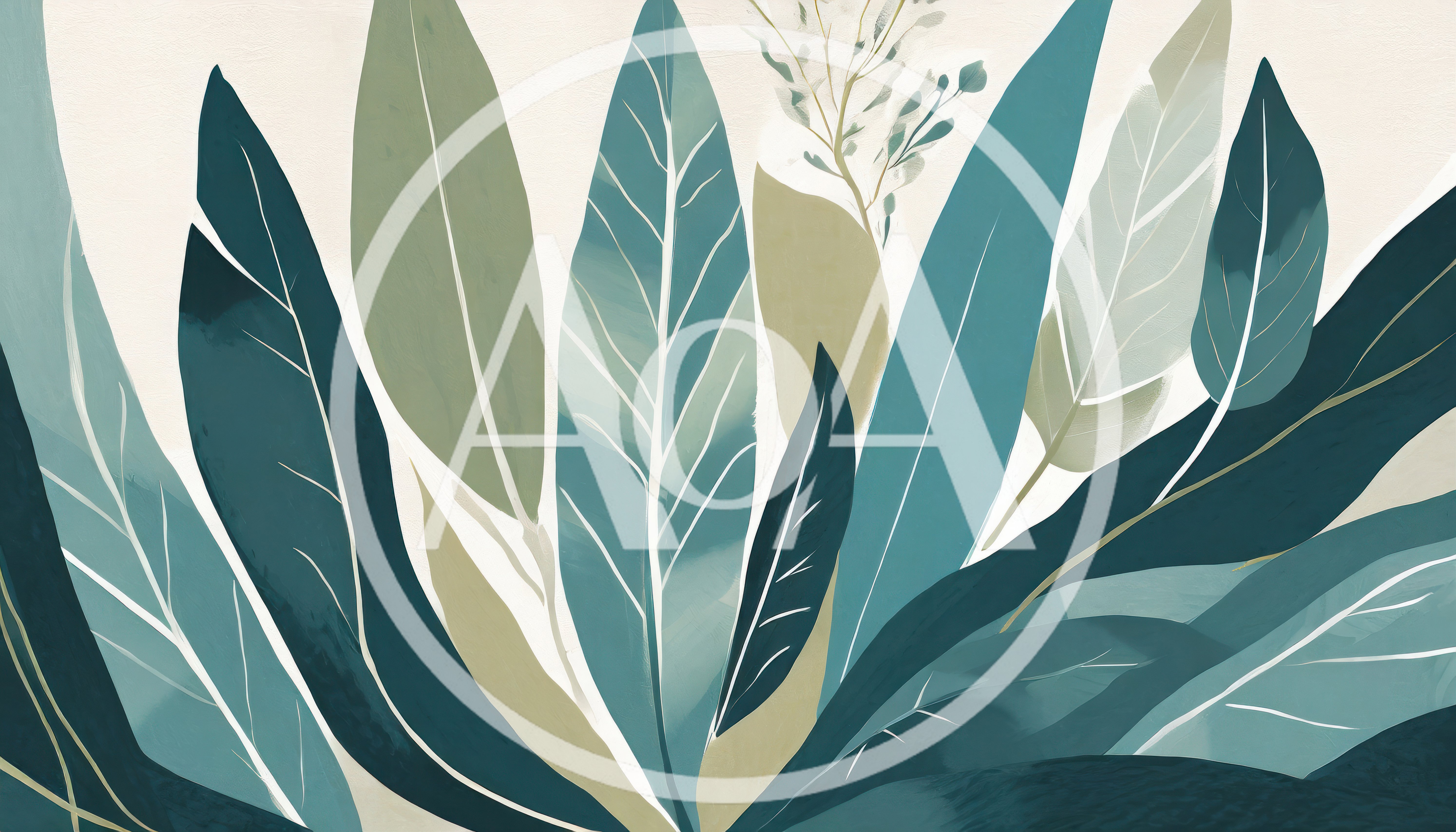Abstract Botanical Illustration With Teal And Sage Leaves