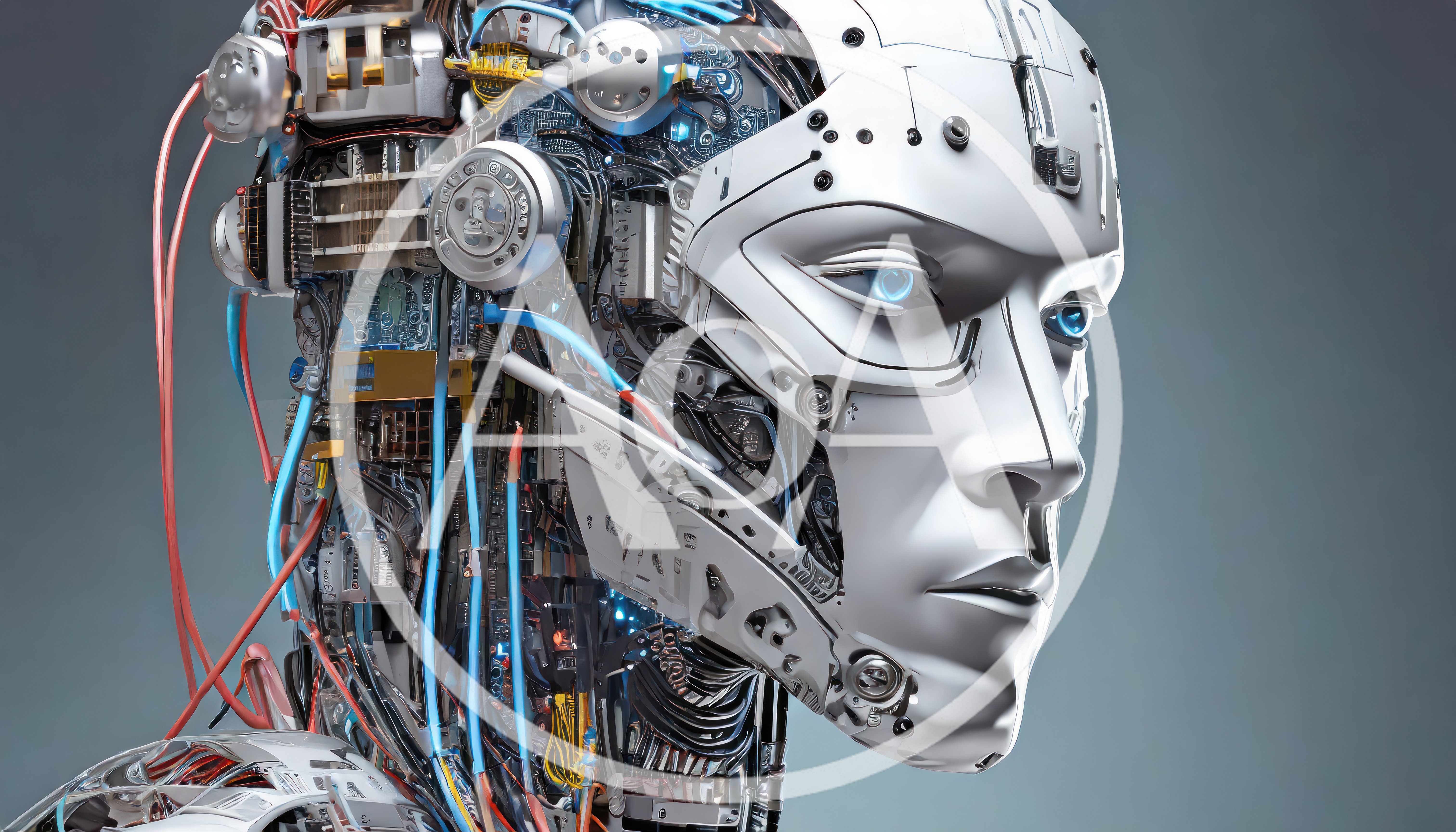 Futuristic Android Head With Exposed Mechanical Internal Components
