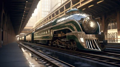 Art Deco Steam Locomotive Arriving At A Train Station