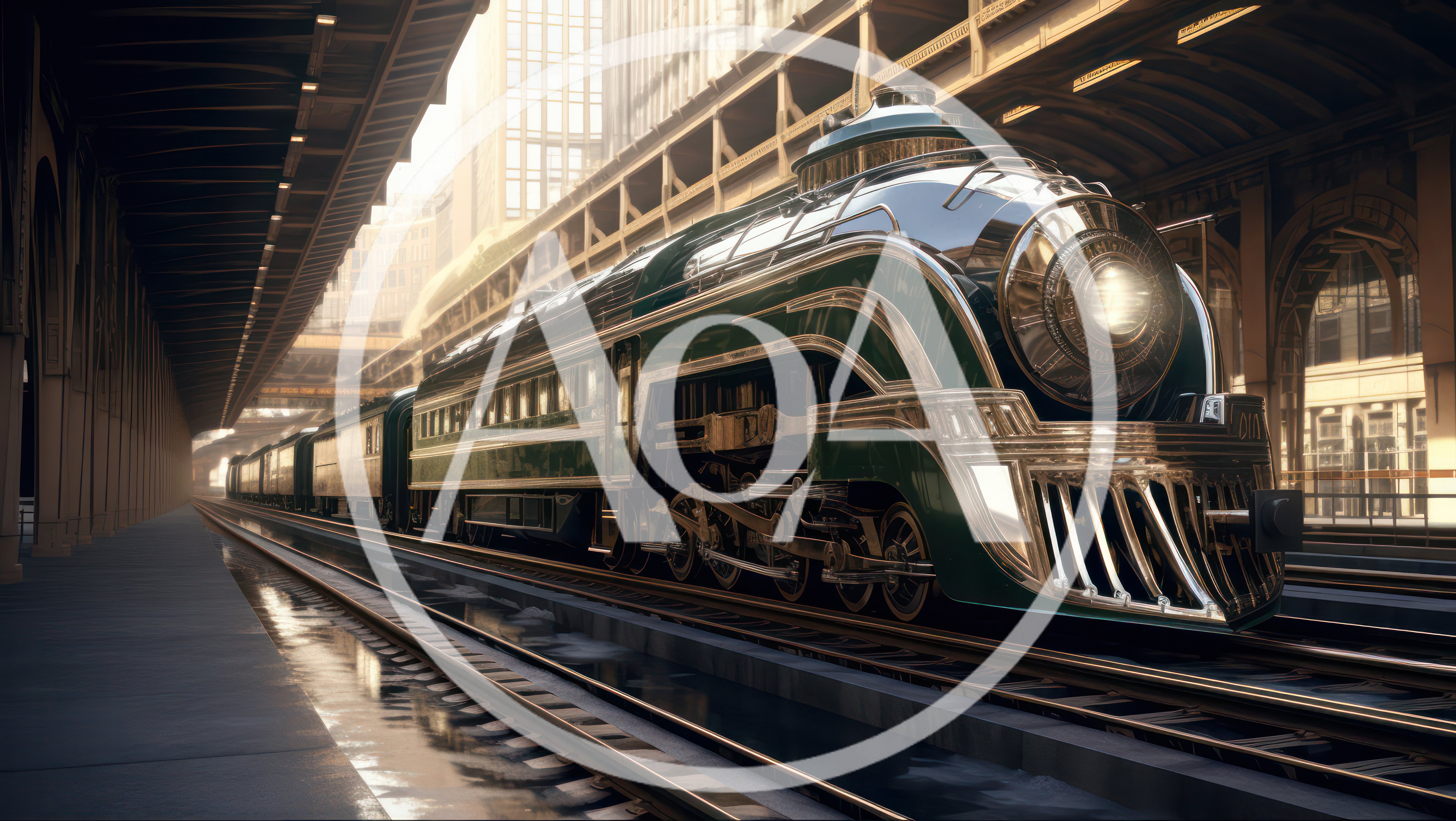 Art Deco Steam Locomotive Arriving At A Train Station