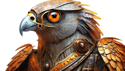 Steampunk Mechanical Hawk Portrait With Metallic Feathers