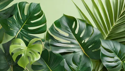 Tropical Monstera And Palm Leaves On Green Background