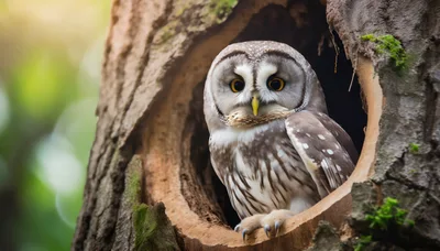 Ural Owl Perched Inside A Tree Hollow
