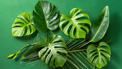 Assorted Tropical Monstera And Palm Leaves On Green Background