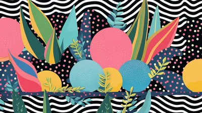 Abstract Botanical Pattern With Geometric Shapes And Wavy Lines