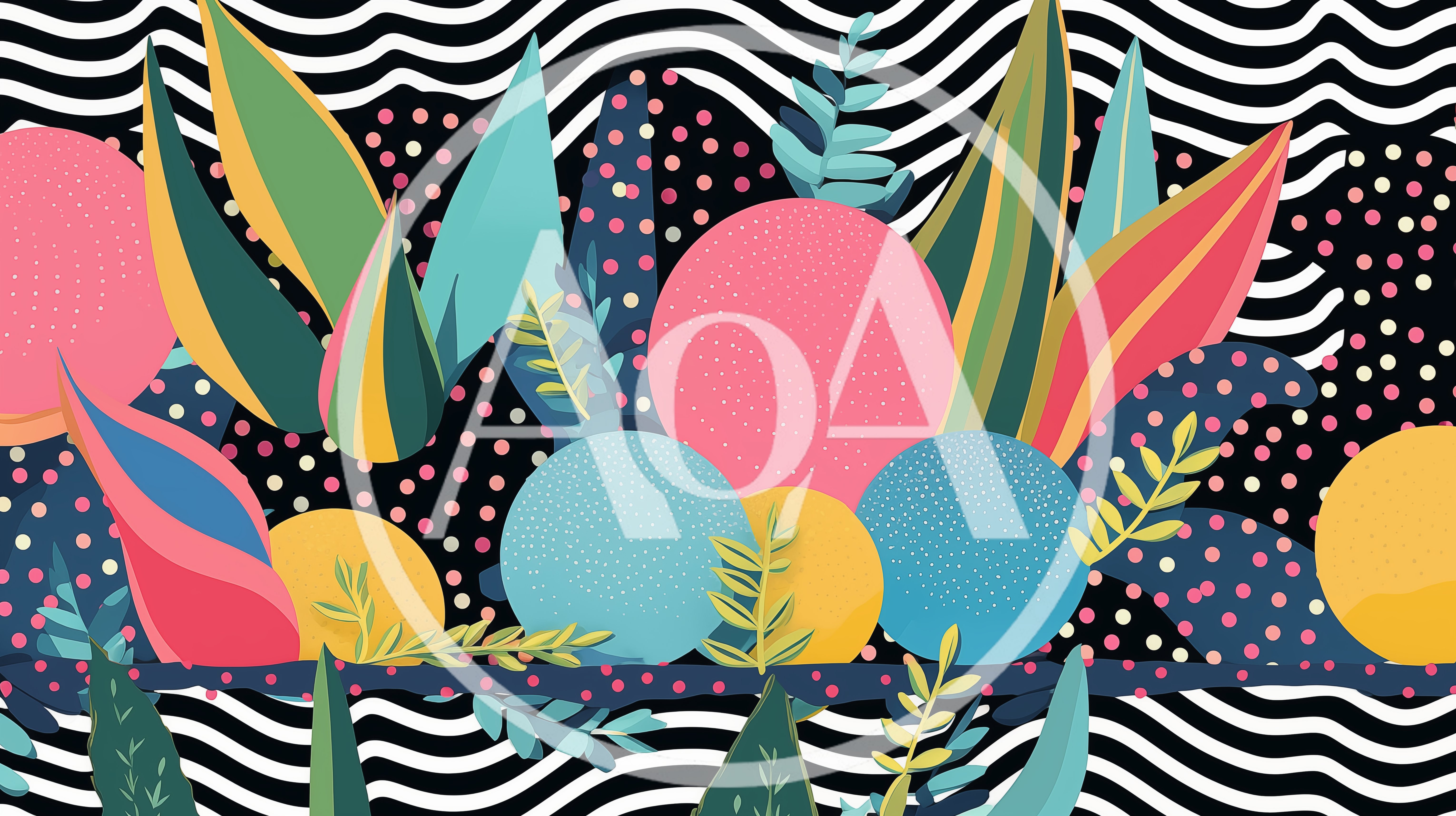 Abstract Botanical Pattern With Geometric Shapes And Wavy Lines