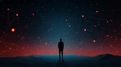 Silhouette Of A Man Standing Under A Digital Network