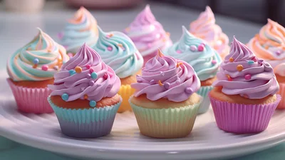 Assorted Pastel Frosted Cupcakes On A White Plate