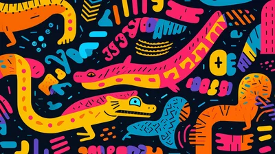 Abstract Colorful Reptile Pattern With Playful Doodle Illustrations