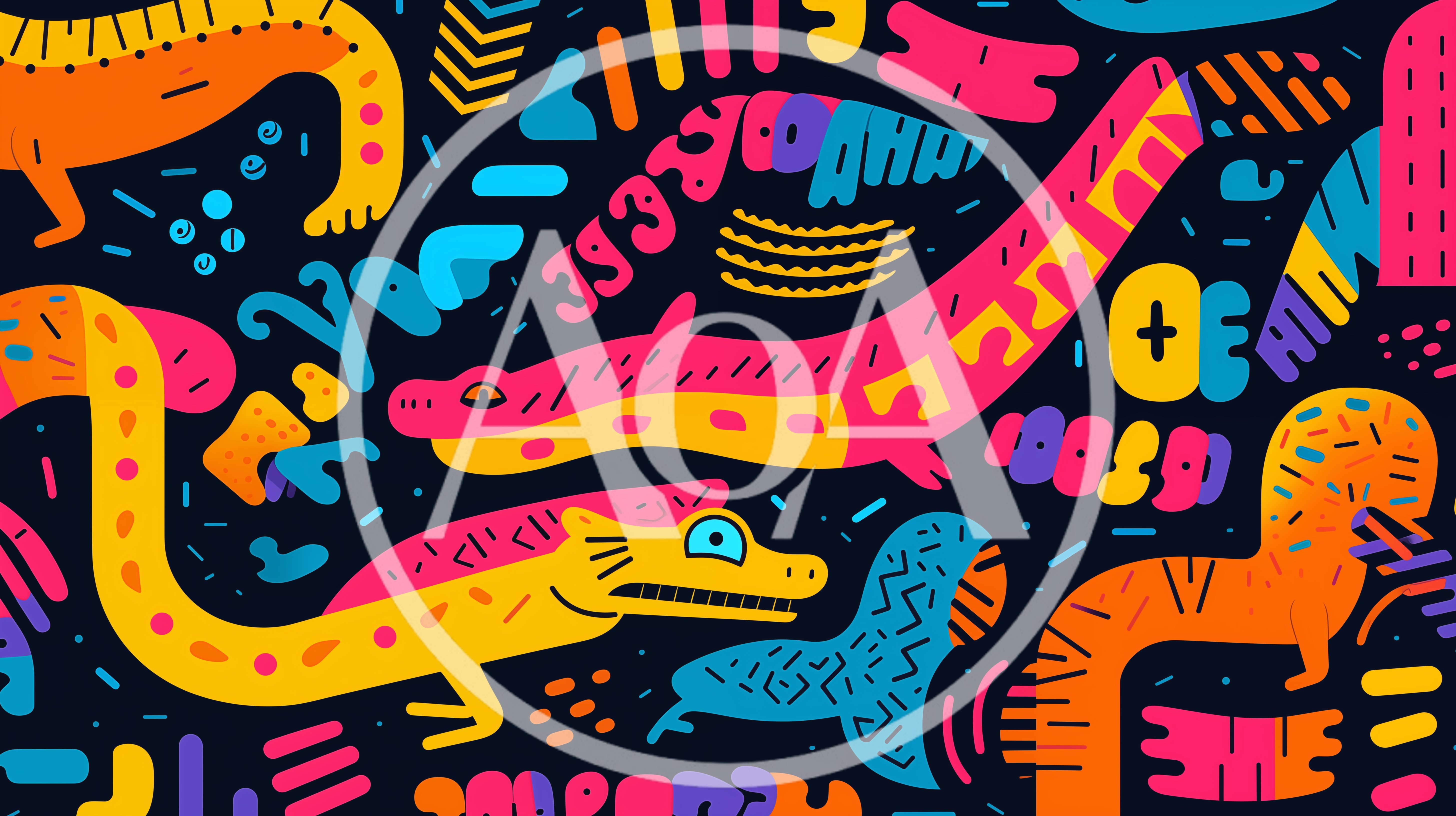 Abstract Colorful Reptile Pattern With Playful Doodle Illustrations