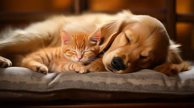 Golden Retriever Dog Sleeping With Orange Tabby Kitten