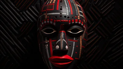 Tribal Mask With Geometric Red And Black Patterns