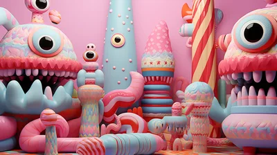 Whimsical Pastel Monster Characters In Candy Land Setting