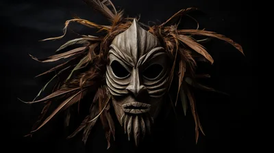 Tribal Wooden Mask With Feathers On Black Background