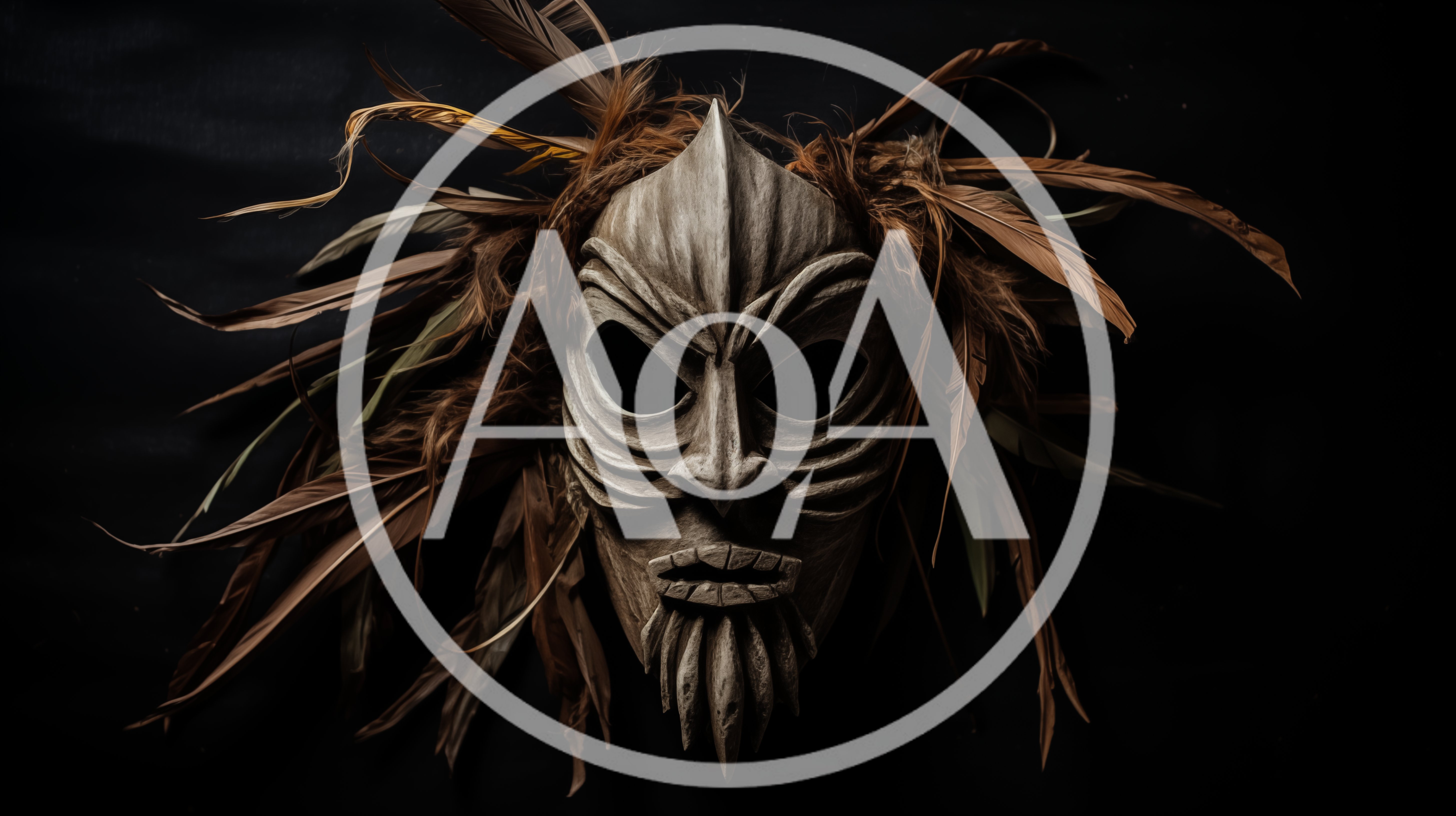 Tribal Wooden Mask With Feathers On Black Background