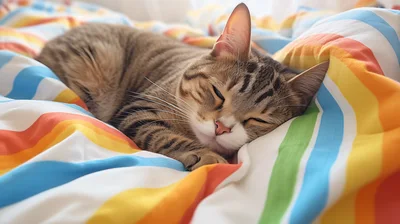Tabby Cat Sleeping On Colorful Striped Bedding