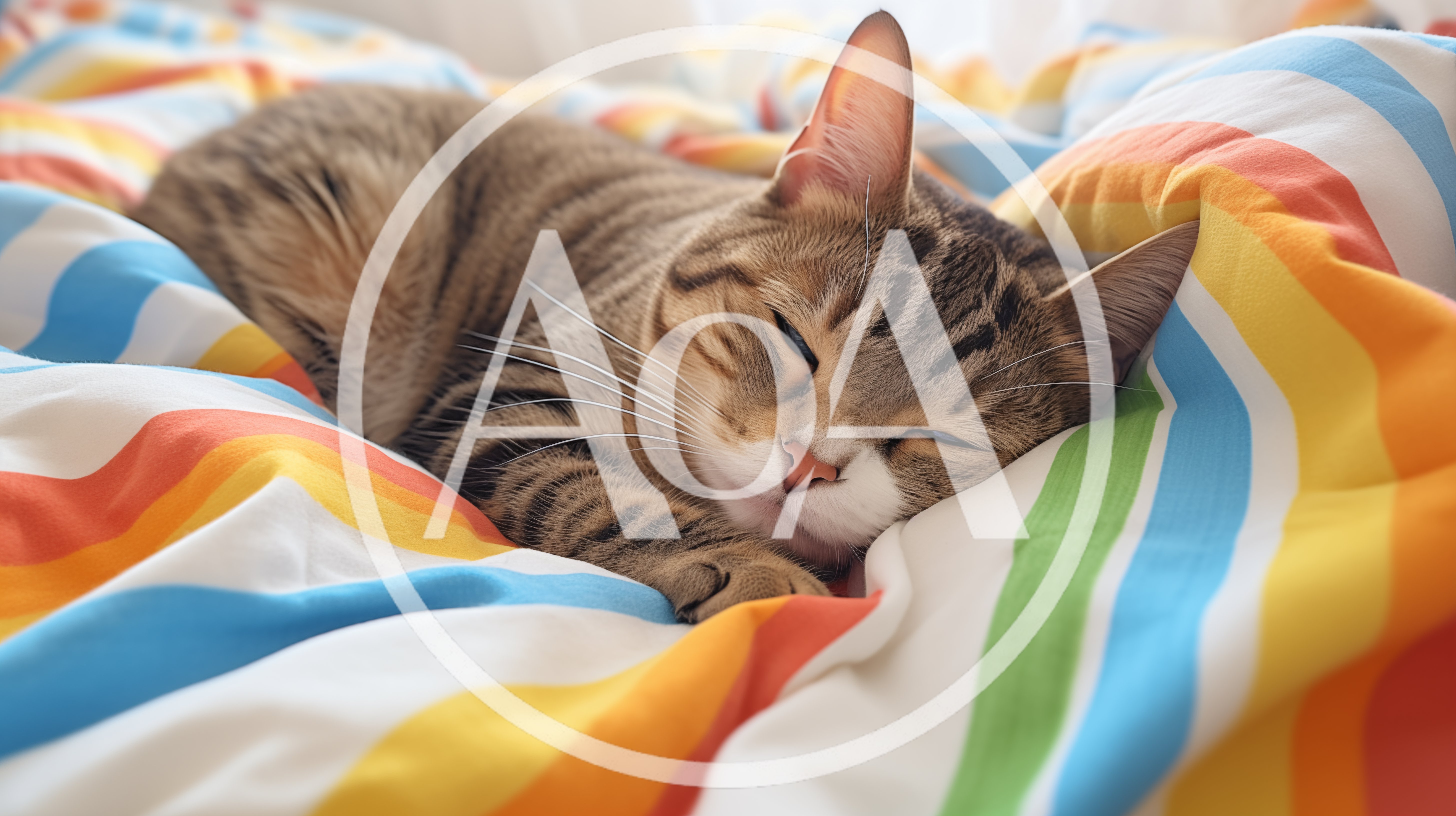 Tabby Cat Sleeping On Colorful Striped Bedding
