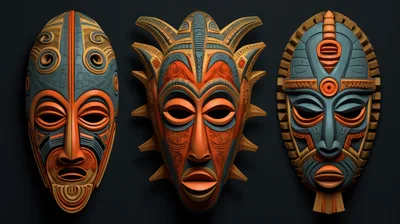 Three Ornate Tribal Masks On Dark Background