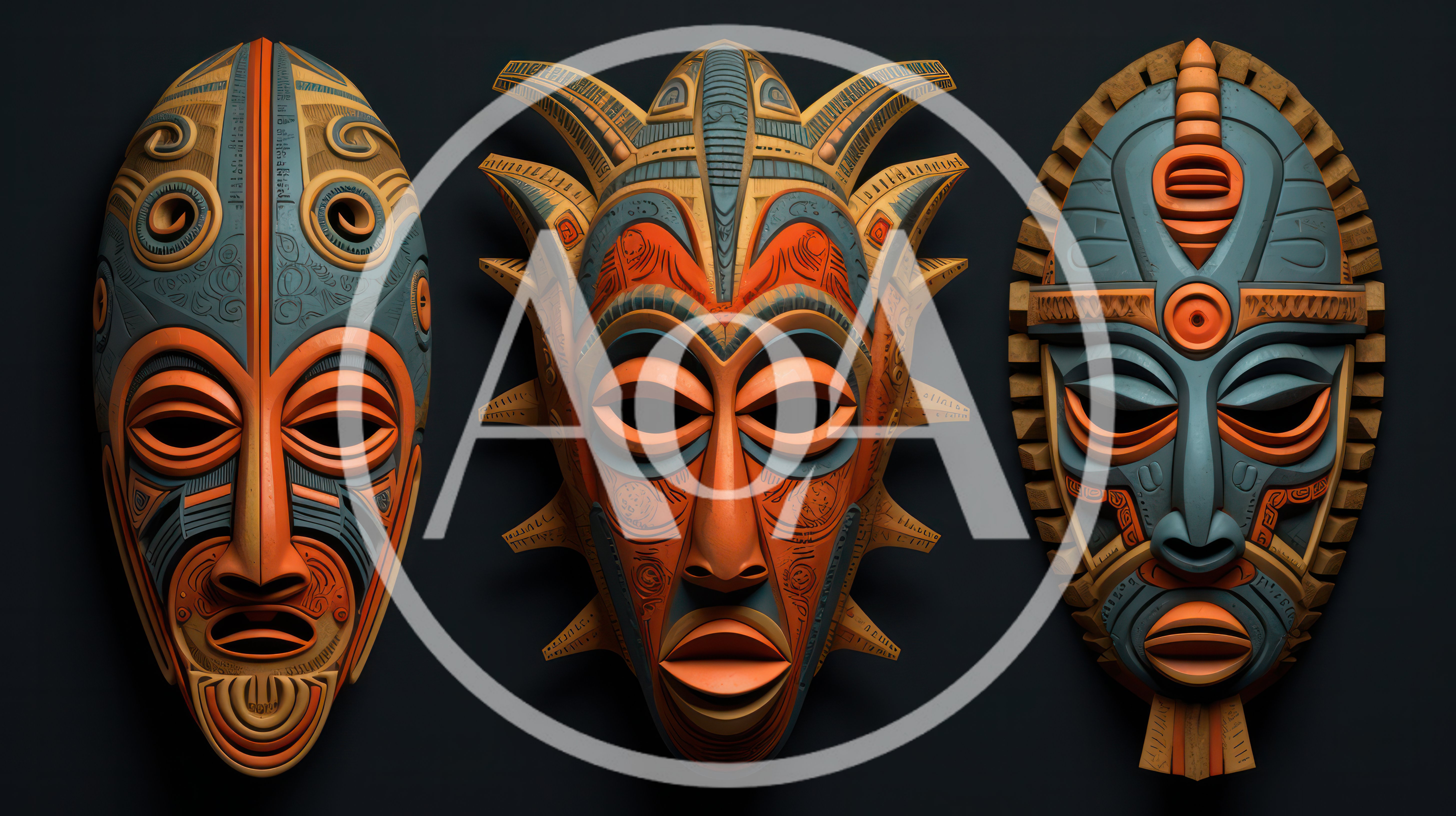 Three Ornate Tribal Masks On Dark Background