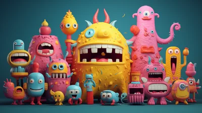 Group Of Colorful 3D Cartoon Monsters