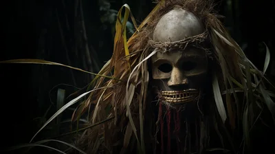 Tribal Ritual Mask With Straw Headdress In Dark Forest