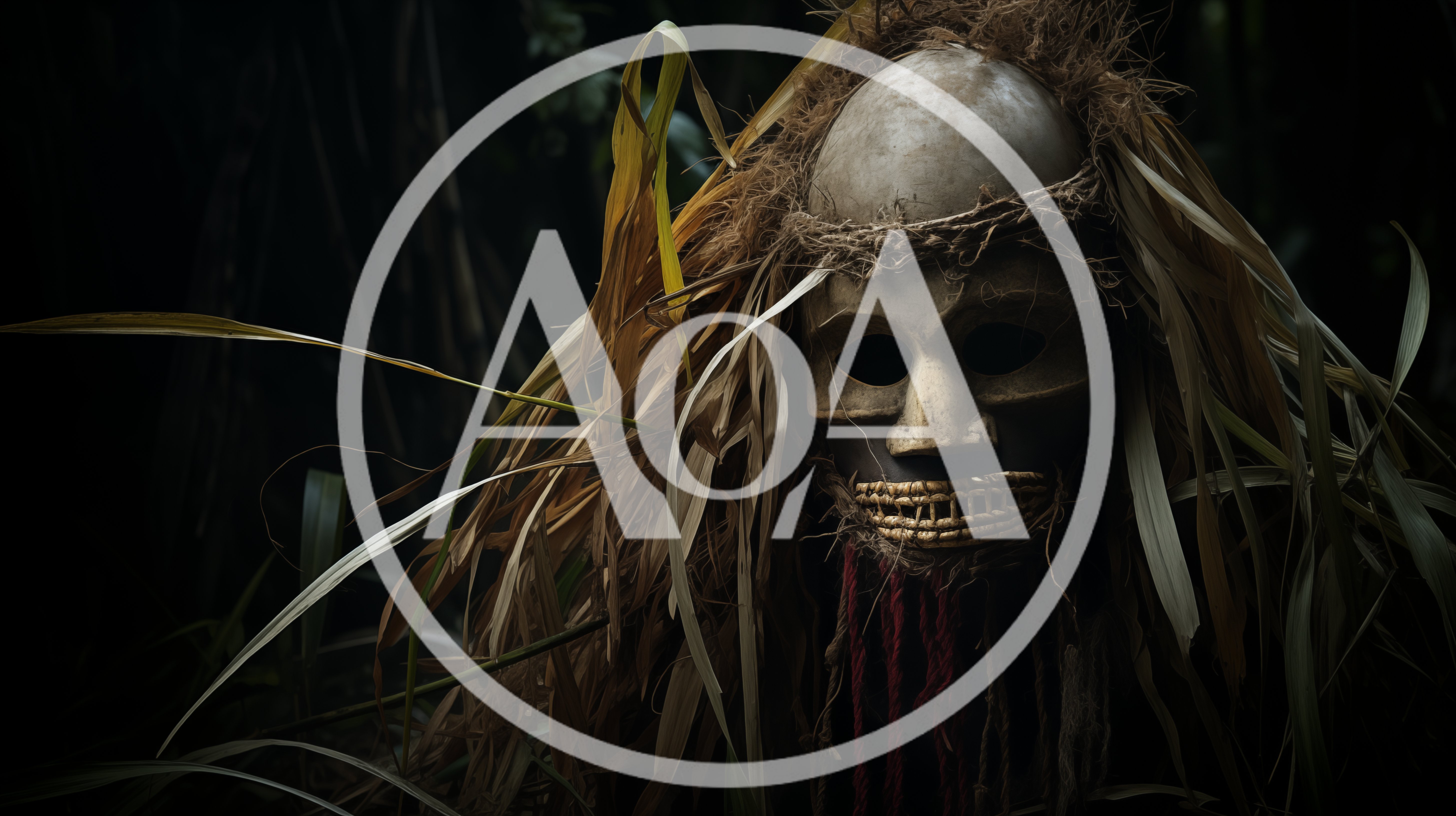 Tribal Ritual Mask With Straw Headdress In Dark Forest
