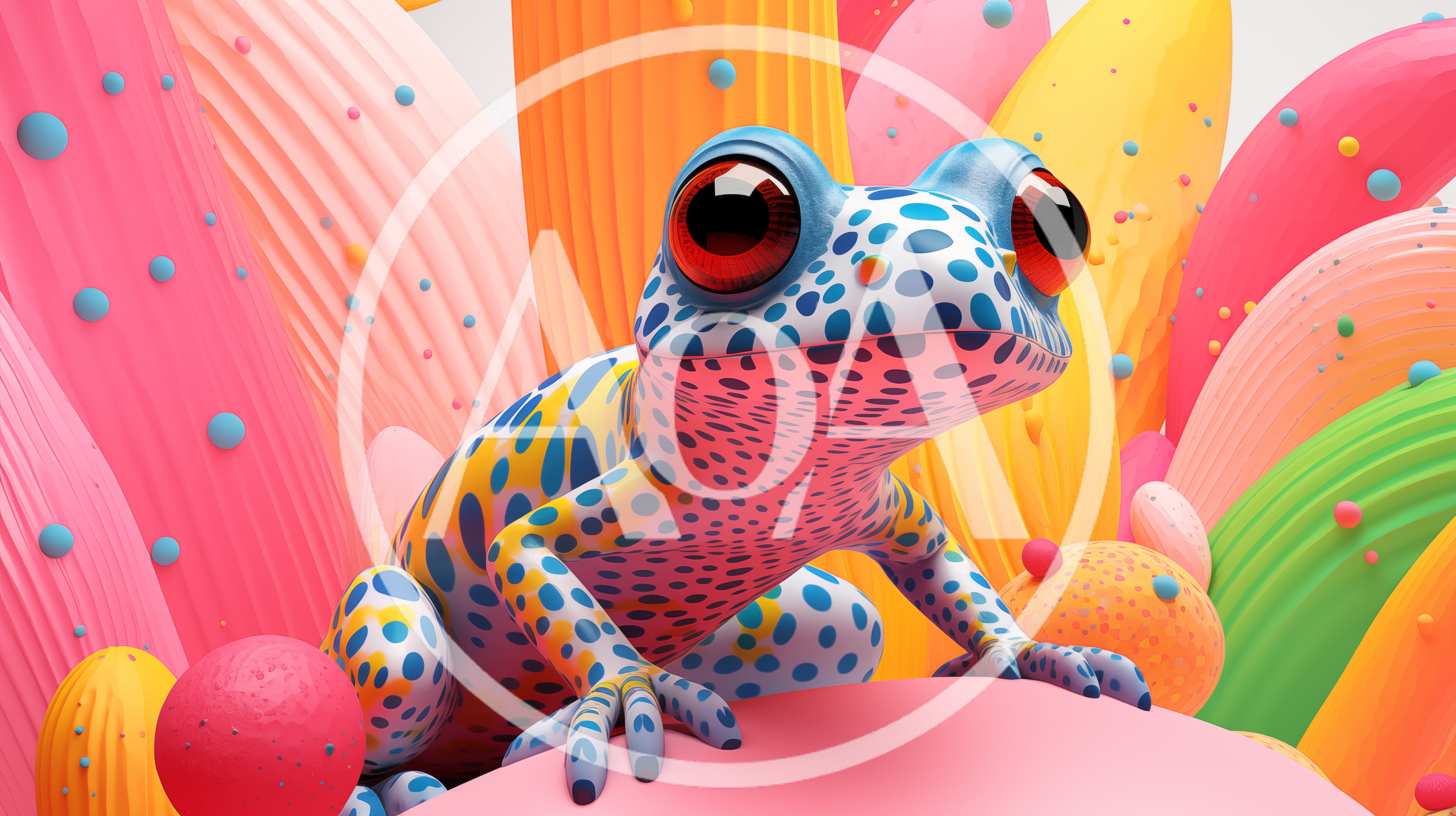 3D Rendered Spotted Frog In Colorful Abstract Environment
