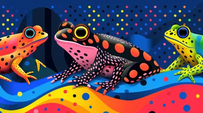 Three Colorful Frogs On Abstract Patterned Background