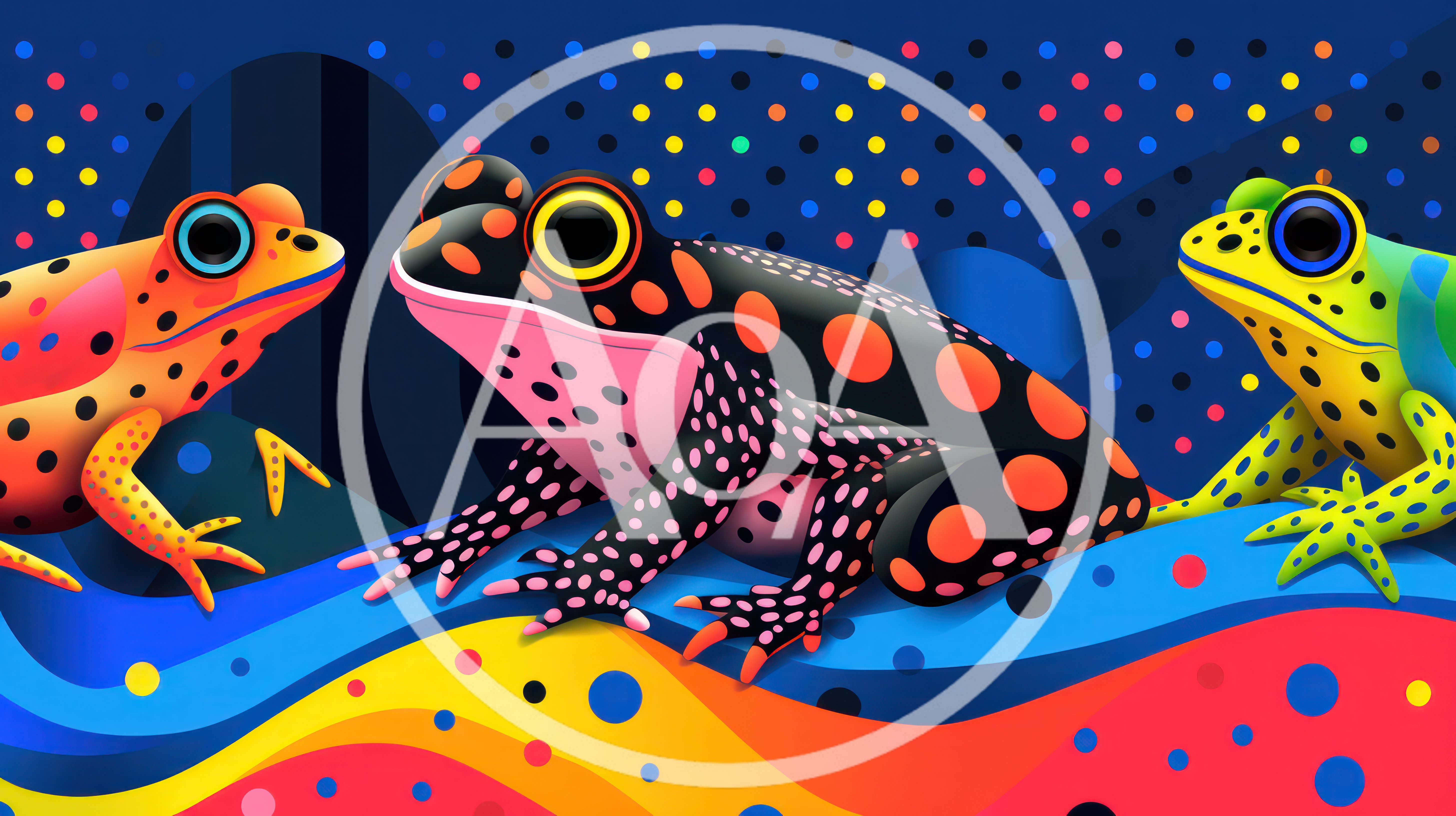 Three Colorful Frogs On Abstract Patterned Background