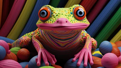 Colorful Surreal Frog Sitting Among Vibrant Spheres